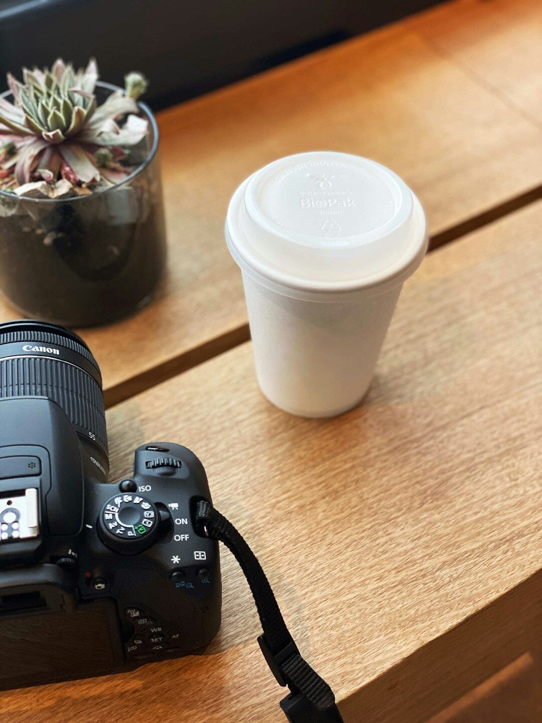 Camera and photography equipment laid out on a wooden table